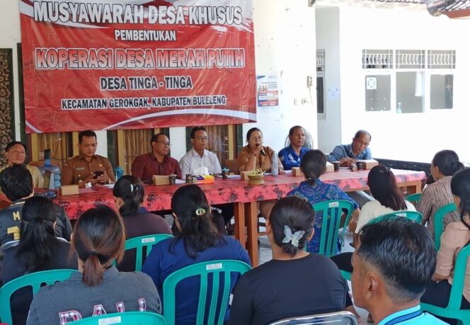 
					Suasana Musyawarah Desa (Musdes) Khusus di Wantilan Kantor Desa Tinga-Tinga, Buleleng, yang menyepakati pembentukan Koperasi Desa Merah Putih.