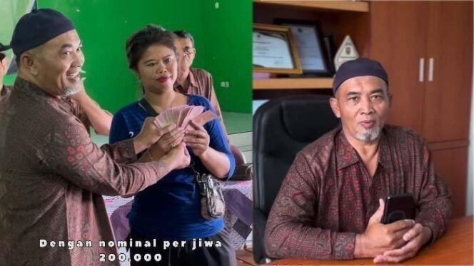 
					<em>Kades Wunut, Iwan Sulistiya Setiawan, membagikan THR kepada warganya, Selasa (18/3/2025).</em>