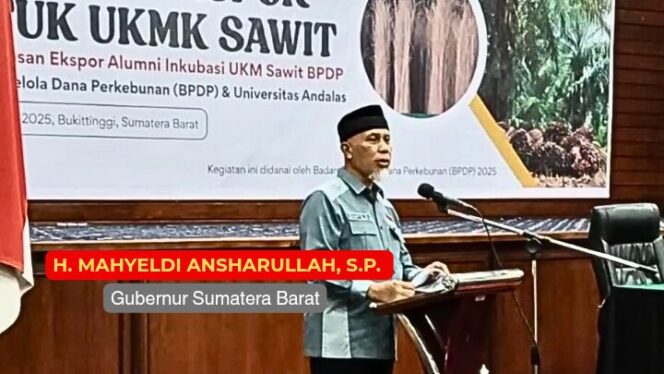 
					<em>Buya H. Mahyeldi Ansharullah memberikan Pidato sekaligus Acara Pelepasan Ekspor Lidi Sawit, Jum'at (25/04/2025) di Hotel Monopoli (ex. Novotel) Bukittinggi. (Foto Dok. Indra Dewi) </em>