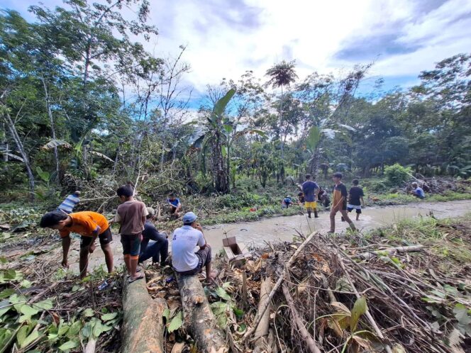 
					<em>Warga Dusun I Desa Muzoi, Nias Utara, bahu-membahu membersihkan jalur pemasangan jaringan listrik desa.</em>