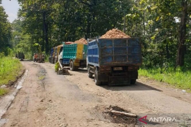 
					<em>Sejumlah pekerja dan alat berat meratakan tanah padas yang diuruk di jalan penghubung Desa Cabak-Nglebur-Bleboh, Kecamatan Jiken, Blora, sebagai respons atas aksi warga menanam pohon pisang akibat kerusakan jalan.</em>