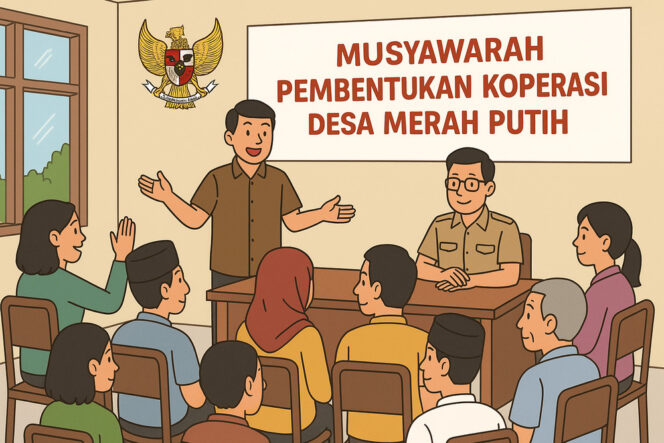 
					Ilustrasi musyawarah pembentukan Koperasi Desa Merah Putih, menunjukkan partisipasi aktif masyarakat dalam mewujudkan ekonomi kerakyatan.