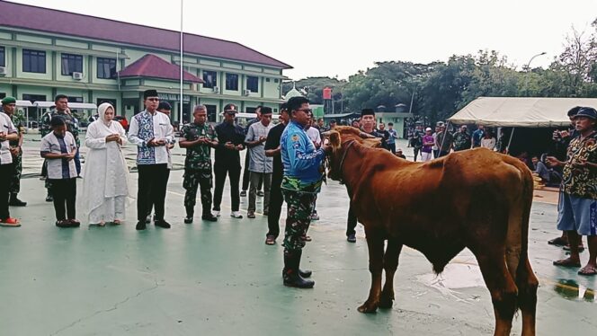
					Prajurit Kodim 0509/Kabupaten Bekasi bersama masyarakat saat pendistribusian daging kurban Iduladha 1446 Hijriah.