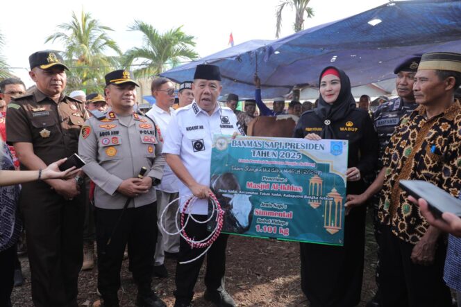 
					Gubernur Kepulauan Bangka Belitung Hidayat Arsani (kanan) menyerahkan sapi kurban Limosin bantuan Presiden kepada Wakil Bupati Bangka Selatan Debby Vita Dewi (kiri) di Desa Sadai, Rabu (5/6/2025).