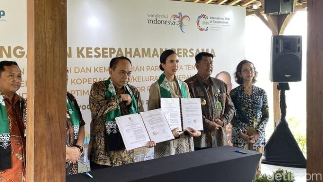 
					Menkop Budie Arie dan Menpar Widiyanti menandatangani MoU desa wisata masuk program Koperasi Desa Merah Putih, di Desa Wisata Widosari, Kulon Progo, Jumat (9/5/2025). (Image courtesy:detikJogja)