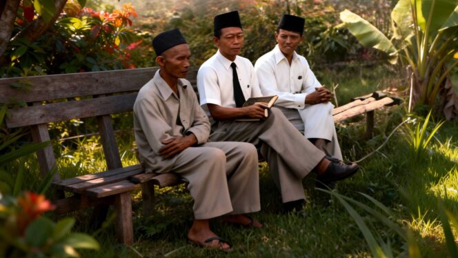 
					Bapak Mudjair penemu ikan mujaer sedang mendapat kunjungan Asisten Wedana kanigoro bersama pegawai Djawatan Penerangan Kecamatan Kanigoro, daerah Blitar, Jawa Timur di Tahun 1950-an (Foto merupakan hasil representasi ulang Foto asli dari Perpustakaan Nasional RI, menggunakan teknologi Artificial Inteligence, ) 