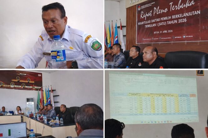 
					Suasana rapat pleno terbuka rekapitulasi daftar pemilih berkelanjutan triwulan I tahun 2026 di aula KPUD Kabupaten Malaka.
