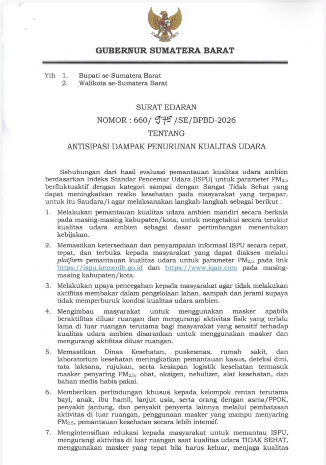 
					Antisipasi Dampak Penurunan Kualitas Udara, Gubernur Mahyeldi Minta Kabupaten/Kota Perkuat Pemantauan dan Perlindungan Masyarakat
